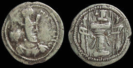 SASANIAN: Shapur II (309-379), AR drachm, small module. Mint XII (‘Kabul’), 3.27g, 23mm.
Obv: Bust of Shapur II right, wearing mural crown with korym...