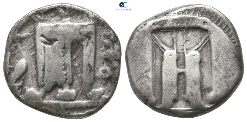 Bruttium. Kroton circa 480-430 BC. 
Stater AR

21 mm., 7,73 g.

ϘΡΟ to left...
