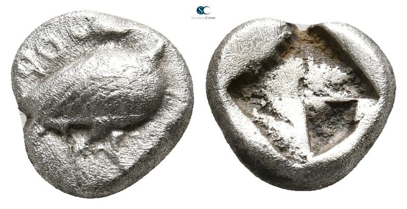 Macedon. Eion 480-470 BC. 
Diobol AR

9 mm., 1,03 g.

Goose standing right,...