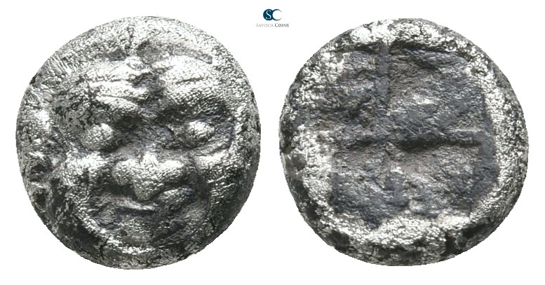Macedon. Neapolis 500-480 BC. 
Trihemiobol AR

8 mm., 0,93 g.

Facing gorgo...