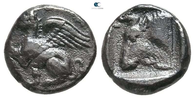 Thrace. Abdera 411-386 BC. 
Triobol AR

12 mm., 1,66 g.

Griffin seated to ...
