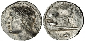 ACUÑACIONES HISPANO-CARTAGINESAS. Shekel (237-209 a. C.). A/ Cabeza masculina diademada a izq. R/ Proa de nave con escudo, delfín en el exergo. AR 7,4...
