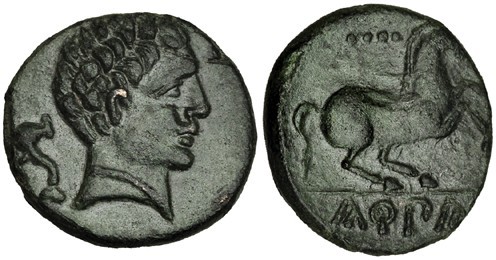 KONTERBIA KARBIKA, Huete (Cuenca). Cuarto. A/ Cabeza masculina a der. con cuatro...