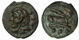 ACUÑACIONES ANÓNIMAS. Quadrans (222-187 a.C.). A/ Cabeza de Hércules con piel de león a izq., detrás signo de valor ooo. R/ Proa de nave a der con sig...