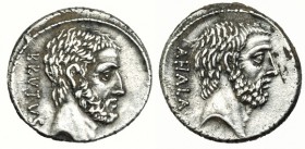 JUNIA. Denario. Roma (54 a.C.). A/ Cabeza de Junius Brutus a der.; BRVTVS. R/ Cabeza de Servilius Ahala a der.; AHALA. SB-30. FFC-792. Pequeñas marcas...
