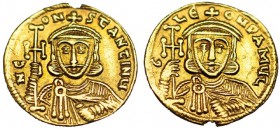 CONSTANTINO V Y LEÓN IV. Sólido. Constantinopla. A/ Busto de Constantino V. R/ Busto de León IV. SBB-1550. Muesca. MBC+. Escasa.