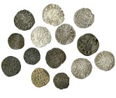 14 vellones diferentes: Alfonso I, dinero, Toledo; Alfonso IX, dinero, Santiago; Alfonso VIII, 2 dineros, D-* Y *-*; Alfonso X, 3 dineros de seis líne...