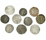 10 vellones diferentes. Sancho IV, cornado (3), B-*, *-*, *-* y S en puerta; Meaja (seisén 3), * y B, * y T, * y *; Fernando IV, pepión (2), Burgos y ...