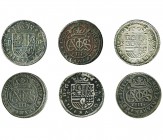6 monedas de 2 reales diferentes. Barcelona. De 1707 a 1712. BC+/MBC+.