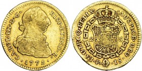 2 escudos. 1772. Popayán. JS. VI-1371. Rayita en el rev. y pequeñas marcas. MBC-.