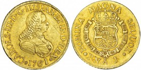 8 escudos. 1761. Popayán. J. VI-1702. Rebaba por rotura de cuño. MBC-. Escasa.