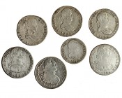 6 monedas de 8 reales: 1794 y 1805 de México; 1808, 1823 y 1825 (2) de Potosí. 4 reales., 1817. Madrid. Total 7 monedas. Una con agujero tapado. De BC...