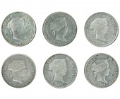 6 monedas de 1 escudo. Madrid. 1866 (3) y 1867 (3). MBC-/MBC+.