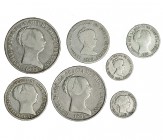 7 monedas de plata diferentes. 10 reales (2), 1854, Madrid y 1855, Sevilla; 4 reales de Madrid (2), 1849 y 1853; 2 reales, 1855, Barcelona; real de Ma...