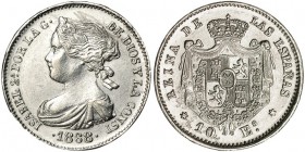 10 escudos. 1868, sin fecha en las estrellas. Madrid. Falsa de época en platino. EBC-.
