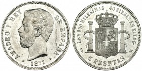 5 pesetas. 1871 *18-71. Madrid. SDM. VII-32. Pequeñas marcas. R.B.O. EBC/EBC+.