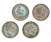 4 monedas de 5 céntimos: 1870, 1877, 1878 y 1879. Calidad media MBC+.