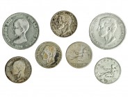7 monedas: 5 pesetas (2), 1876 y 1890 MPM; 2 pesetas: 1870 (2), 1879, 1882 y 1884 (falsa de época). BC-/MBC.