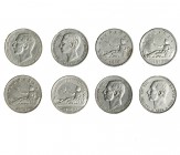 8 monedas de 1 peseta: 1869, Gobierno Provisional; 1869, ESPAÑA; 1870 *70 y *73; 1876, 1882, 1883 y 1885 *85. MBC-/MBC+.