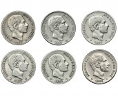 Serie completa de 20 centavos de peso. 1880, 1881, 1882, 1883, 1884 y 1885. Manila. Total 6 monedas. BC+/MBC+.