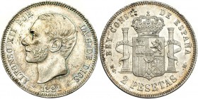 2 pesetas. 1881 *18-81. Madrid. MSM. VII-71. B.O. EBC-/EBC+.
