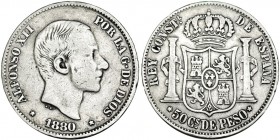 50 centavos de peso. 1880. Manila. VII-75. Rayitas en el canto. MBC-. Rara.
