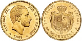 25 pesetas. 1885 *18-85. Madrid. MSM. VII-114. Pequeñas marcas. B.O. SC. Rara.