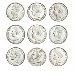 Colección de 9 monedas de 1 peseta: 1891, 1896, 1899, 1900, 1901, 1902, 1903, 1904 y 1905. De BC+ a EBC+.