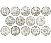 Colección de 14 monedas de 2 pesetas: 1869, 1870 *70, 73, 74 y 75; 1879, 1881, 1882, 1883, 1884, 1889, 1891, 1892 y 1905. MBC-a EBC-.