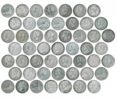 51 monedas de 5 pesetas: 1870 (10), 1871 *71 (3), 1875, 1879 (4), 1881 (6), 1884, 1885 *87 MSM, 1886 (6), 1889, 1891 (8), 1892 “bucles” (2), 1897 y 18...