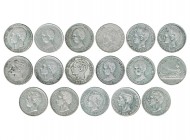 17 monedas de 5 pesetas diferentes: 1870, 1871 *71, 1875, 1876, 1878 DEM, 1879, 1881, 1884, 1885 *87 MSM, 1888, 1889, 1890 MPM, 1891, 1892 “bucles”, 1...