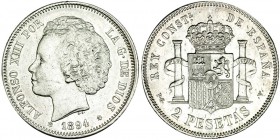 2 pesetas. 1894 *18-94. Madrid. PGV. VII-174. EBC-. Escasa.