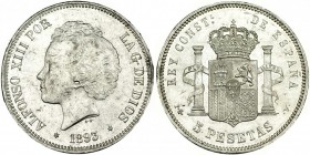 5 pesetas. 1893 *18-93. Madrid. PGV. VII-186. Pequeñas marcas B.O. EBC+. Rara en esta conservación.