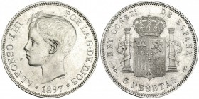 5 pesetas. 1897 *18-97. Madrid. SGV. VII-189. Pequeñas marcas. EBC+.