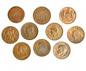 10 monedas de cobre tamaño penique: Argentina (3), Borneo, Francia (2), Gran Bretaña, Italia, Luxemburgo y México. 18160-1915. Restos de brillo origin...