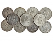 11 monedas módulo “duro”: Brasil, 100 reis, 1816; Gran Bretaña, corona (3), 1890, 1893, 1925; Holanda, 1/2 gulde; México (5), 5 pesos 1953, 25 pesos 1...