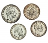 ESTADOS ALEMANES. Lote de 4 monedas: 3 marcos, 1910, Hamburgo; 3 marcos, 1909 y 5 marcos, 1903, Prusia; 3 marcos, 1910, Wurtemberg. MBC+.