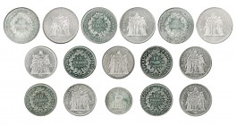 FRANCIA. Lote de 16 medallas de plata. 100 francos, 1892; 50 francos (6) de 1974 a 1979; 10 francos (9), 1965 a 1973. EBC+/SC.
