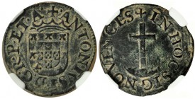 PORTUGAL. 2 reales (cobre). S/ (1583). D. Antonio I. GO-03.02. NGC-VF Tooled. Trazas de limpieza mecánica. MBC. Rara.
