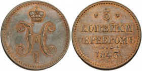 RUSIA. 3 Kopeks. 1843. cpr. Nicolás I. C-146.1. R.B.O. EBC.