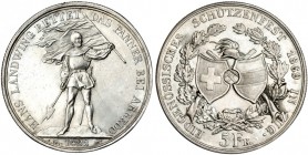 SUIZA. 5 francos. 1869. Zug. KM-510. Golpecito en la gráfila. B.O. EBC+.