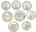 VENEZUELA.Lote de 8 monedas de plata, módulo “duro”. 100 bolívares (5), S/F (1983), Y-58 (2); S/F (1986), Y-60 (3). 50 bolívares, 1975, Y-47; 25 bolív...