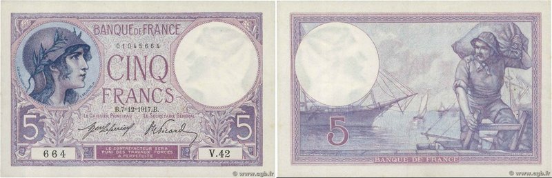 Country : FRANCE 
Face Value : 5 Francs VIOLET 
Date : 12 décembre 1917 
Period/...