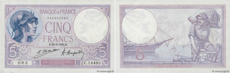 Country : FRANCE 
Face Value : 5 Francs VIOLET 
Date : 20 août 1923 
Period/Prov...