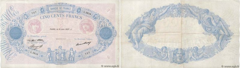 Country : FRANCE 
Face Value : 500 Francs BLEU ET ROSE 
Date : 10 juin 1937 
Per...