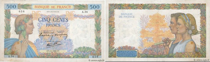 Country : FRANCE 
Face Value : 500 Francs LA PAIX 
Date : 04 janvier 1940 
Perio...