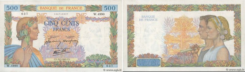 Country : FRANCE 
Face Value : 500 Francs LA PAIX 
Date : 19 mars 1942 
Period/P...