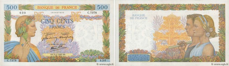 Country : FRANCE 
Face Value : 500 Francs LA PAIX 
Date : 05 novembre 1942 
Peri...