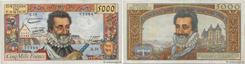 Country : FRANCE 
Face Value : 5000 Francs HENRI IV 
Date : 06 juin 1957 
Period...