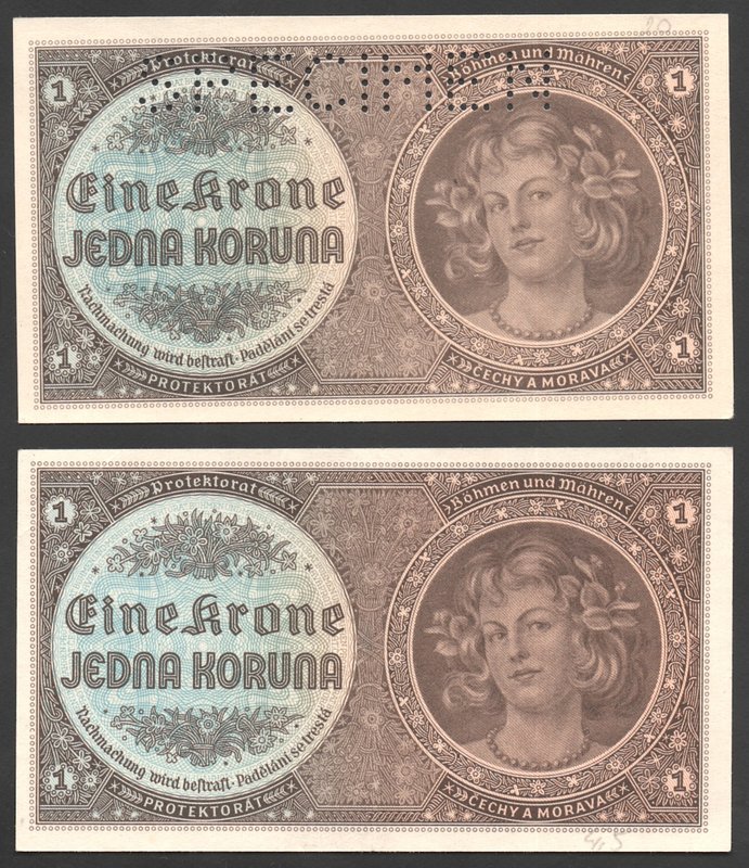 Bohemia & Moravia German Occupation-WWII Lot of 2 Banknotes 1 Koruna 1940 Issued...